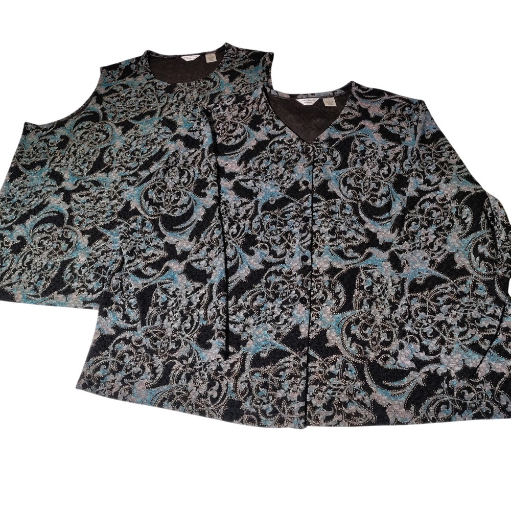 Vtg Laura Ashley Top 2 Piece Black Blue Silver Vest (3X) And Matching Top (2X)